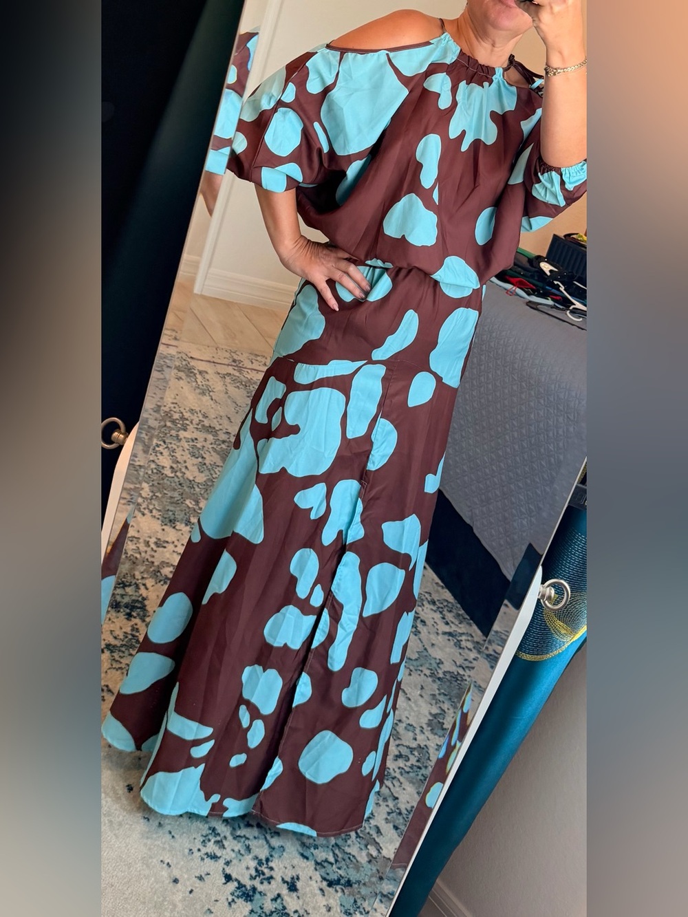 Blue and Brown Printed Maxi Dress